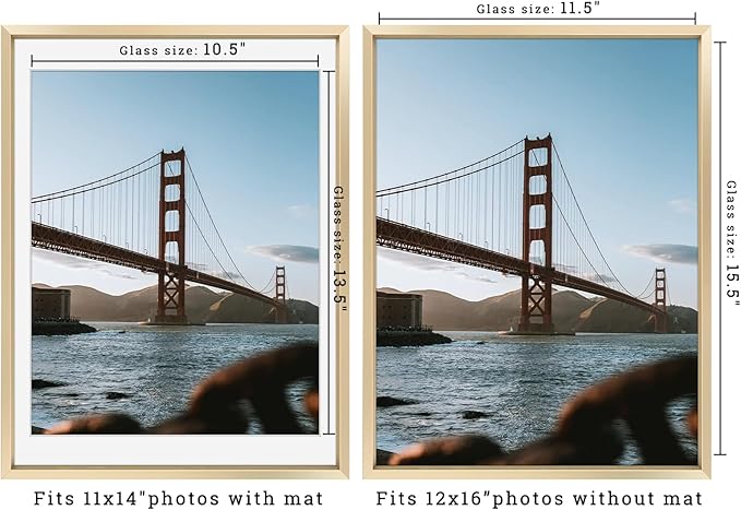 Frametory, 12x16 Metal Picture Frame with Mat for 11x14 Picture & Real Glass, Aluminum Photo Frame Collection (Gold, 1 Pack)