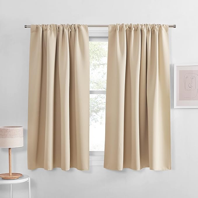 PONY DANCE Kitchen Beige Curtains - Home Decoration Thermal Insulated Blackout Window Treatments/Draperies Protect Privacy, 52" W Each Panel x 54 L, Biscotti Beige, 2 Pieces