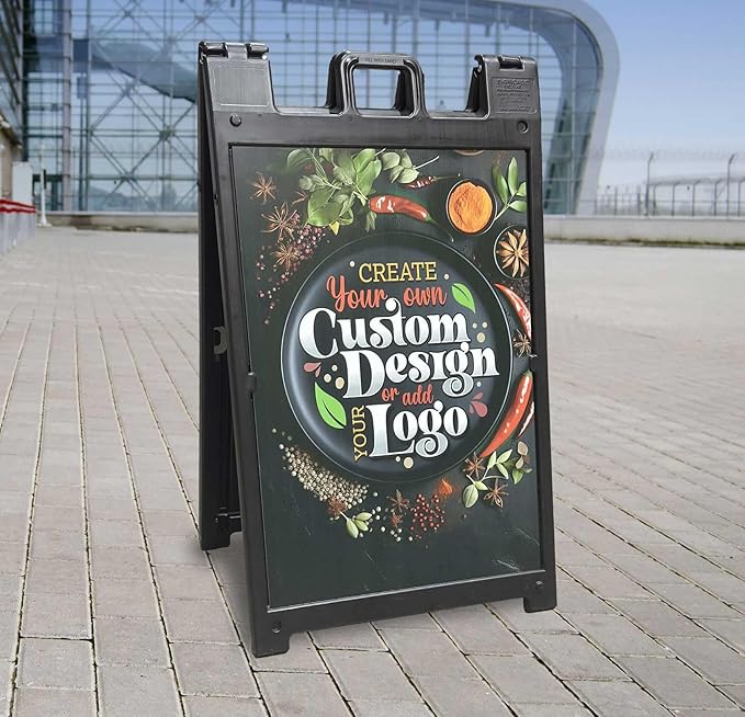 One Black Signicade Deluxe A-Frame with 2 Custom Printed Signs