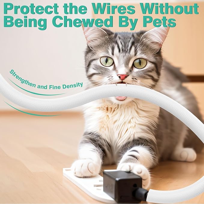 Dog and Cat Cord Protector 10ft - 3/8inch, Flexible Cable Sleeve for Easy Cord Management, Protects Cables from Pets Chewing, Ideal for USB, Power, Audio and Video Cords - White