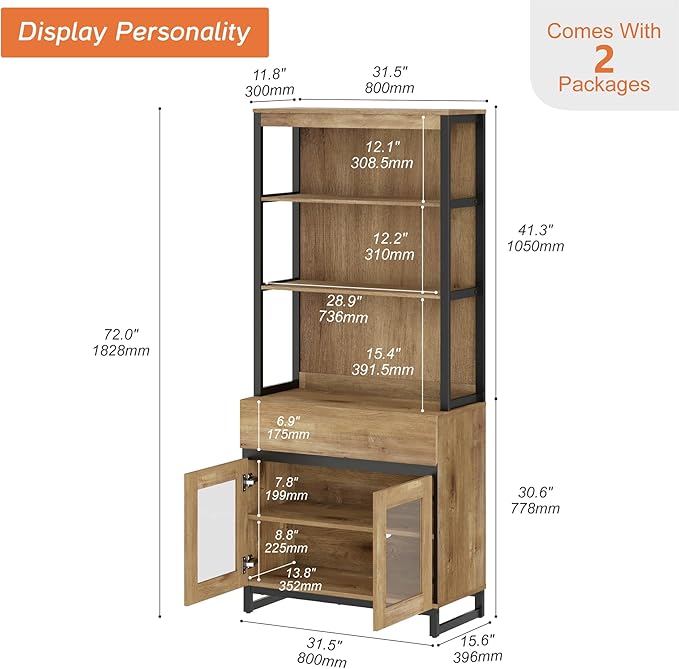 WAMPAT Modern 72" Tall Bookcase with Drawer and Open Book Shelfs, Library Book Shelf with Glass Doors Storage Cabinet, Wood Freestanding Bookshelf for Home Office, Living Room, Oak