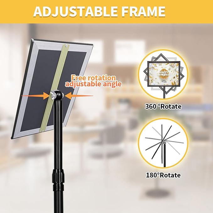 HYNAWIN Adjustable Floor Sign Stand Heavy Duty Pedestal Holder , with Aluminum Snap Open Frame for 8.5x11 Inches, Both Vertical and Horizontal View Displayed, Black