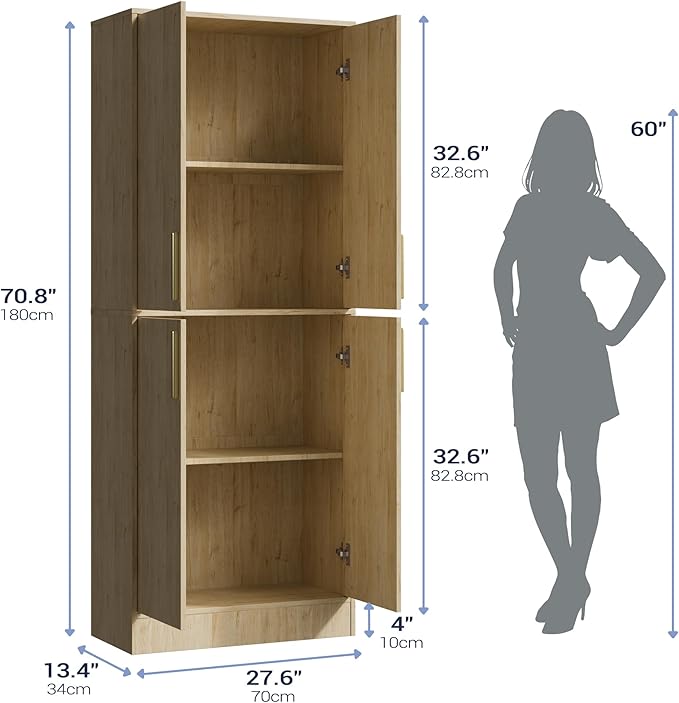 71" Tall Pantry Cabinet with 4 Doors, Kitchen Pantry Storage Cabinet, Freestanding Larder Cupboard, Utility Kitchen Hutch with Gold Handles for Dining Room, Bathroom, Natural