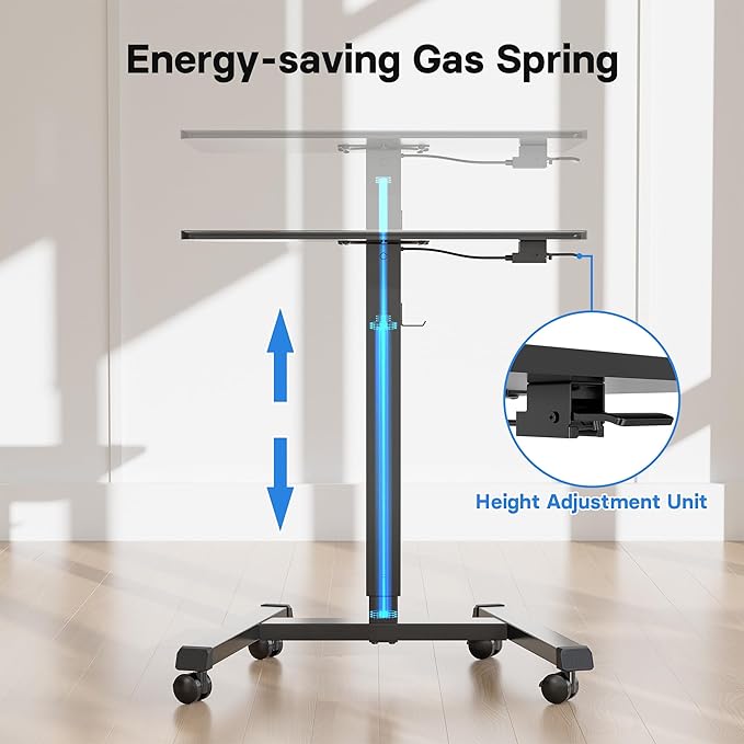 BONTEC Mobile Standing Desk Adjustable Height, Rolling Laptop Cart with Hook, Portable Workstation with Pneumatic Lift, Ergonomic Table with Wheels, Compact Home Office Desk, Black 25.6" x 17.7"