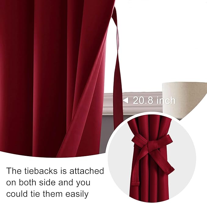 JIUZHEN Short Blackout Curtains for Small Window - Cafe Room Darkening Privacy Thermal Insulated Half Window Curtains Tiers for Bathroom,Kitchen, W 42 x L 36, Set of 2 Panels with Tiebacks, Red