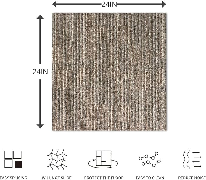 Heavy Duty Commercial Carpet Tiles 24" x 24", 18 Pcs/72 sq ft (FlexLok tabs Included),Non-Slip Soft Square Carpet Floor Tile for Office Bedroom Living Room Kitchen Garage Gym (Khaki)