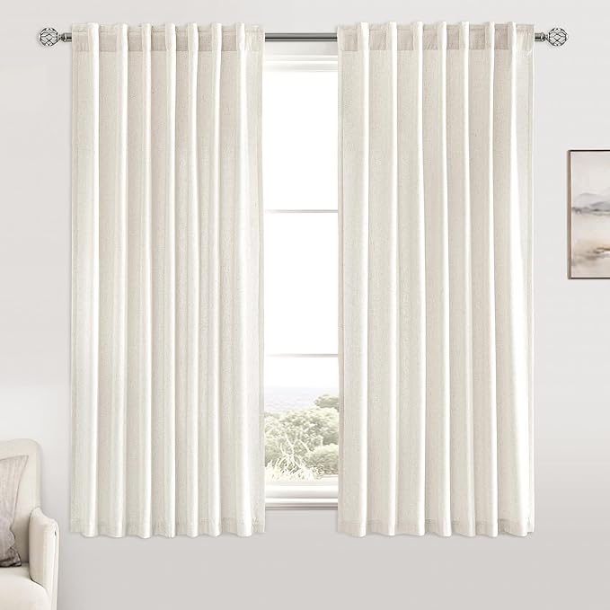 MIULEE Non-See-Through Privacy Linen Curtains 2 Panels, Light Filtering Window Curtains Farnhouse Textured Back Tab Semi Sheer Drapes for Bedroom Living Room, 52 x 60 Inches Long, Natural White