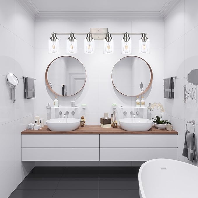 6 Light Track Lighting Kit Brushed Nickel Kitchen Track Lighting Fixtures Ceiling Mount Bathroom Vanity Wall Scones Light Fixture with Clear Glass, Rotatable Spotlight for Kitchen Shop Hallway