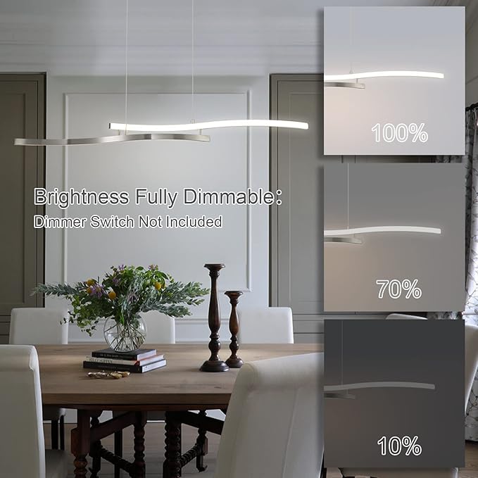 EDISLIVE Modern Wave LED Island Light, 40" Linear Stepless Dimmable Pendant Light Kitchen Island Adjustable Height Ceiling Pendant Nickel