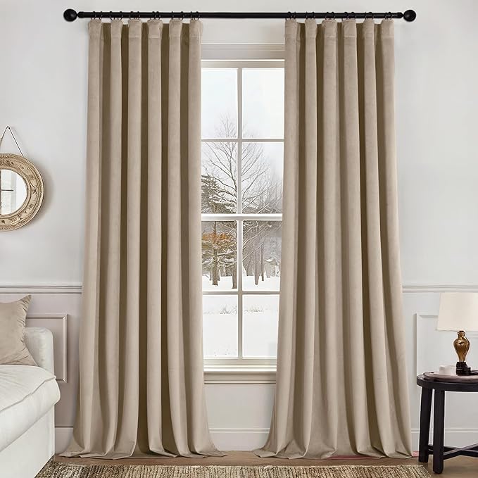 MIULEE Velvet Curtains 84 Inches Long 2 Panels Set for Bedroom, Pinch Pleat Back Tab Luxury Thermal Insulated Living Room Darkening Drapes Pleated Blackout Window Curtains with Hooks, Camel Beige