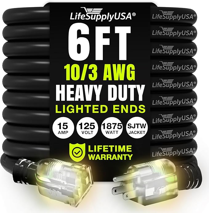 6ft Outdoor/Indoor Extension Cord 10/3 Gauge Ultra Heavy Duty 3 Prong SJTW, Waterproof, Flexible Cold-Resistant Long Power Cord,125 Amp 1875W, Black by LifeSupplyUSA
