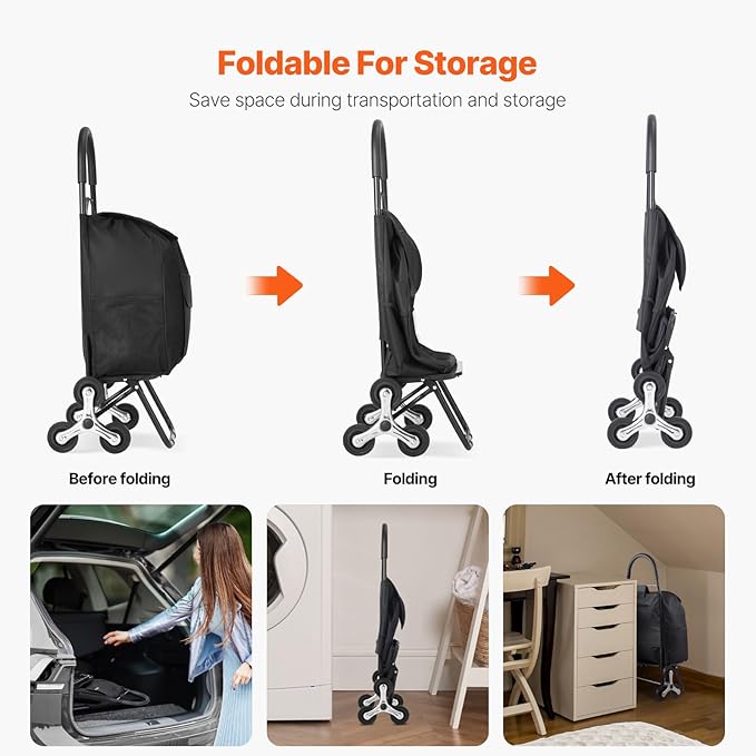 VEVOR Stair Climber Cart, 36L Capacity, Grocery Cart Laundry Stair Climbing Handcart with 6 Wheels & Oxford Cloth Bag, Foldable Stair Climber Hand Truck for Grocery Laundry, Black