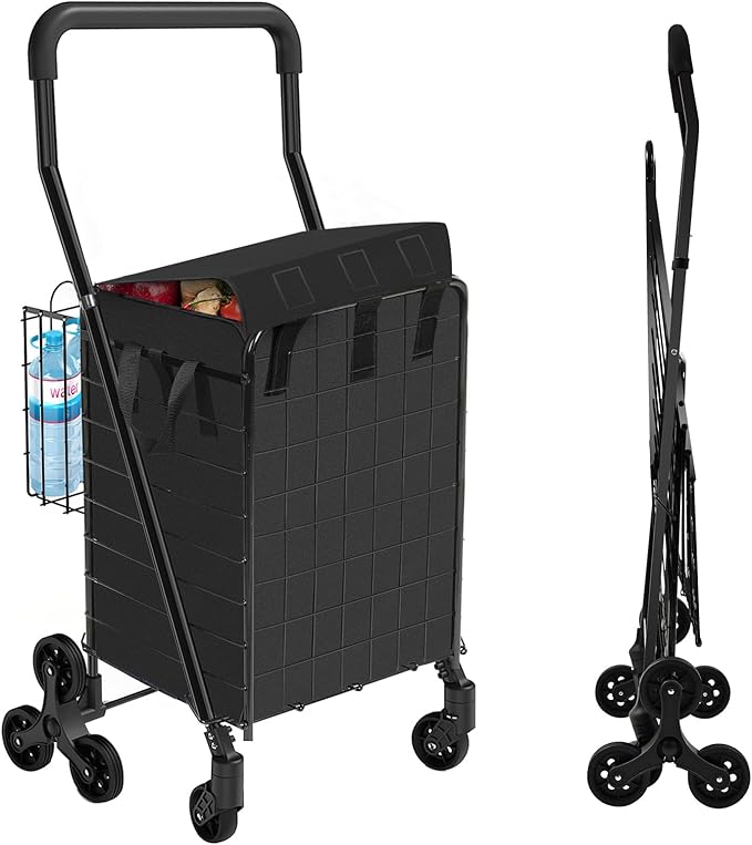 Folding Shopping Cart with Waterproof Liner, Heavy-Duty Stair-Climbing Grocery Cart with 360° Swivel Wheels - Extended Foam Handle - Utility Trolley for Laundry, Travel, Shopping (Black)