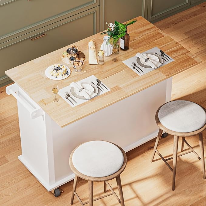 51.2'' Rolling Kitchen Island with Drop Leaf - Kitchen Carts on Wheels with Storage, Towel Rack, Drawers Island Table for Kitchen, Dining Room, White