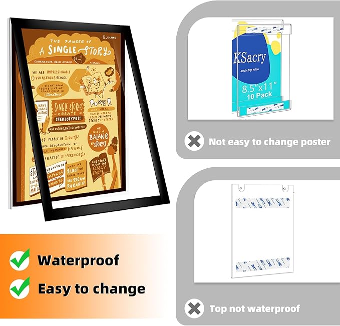 3 Pack 8.5x11 Acrylic Sign Holder Wall Mount with Framed Border, Peel & Stick Adhesive & 180° Flip Design - Single-Sided Clear Plastic Display for Menu, Poster, Flyer (Horizontal/Vertical) - Office, Home, Restaurant