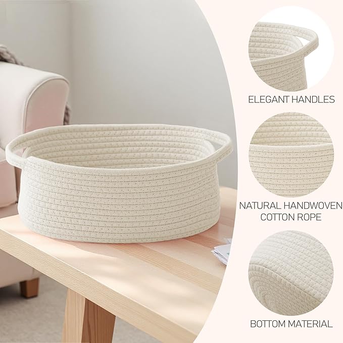 Woven Basket,Small Rope Storage Bin with Handles & Ribbon Bag, Organizer for Shelves Closets,Gift Basket Empty for Birthday,Books,Dog Toys,White