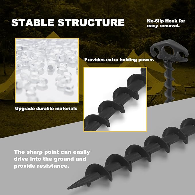 Tent Stakes Ground Anchors Screw in, 10 Pack Sand Stakes for Beach 9.4 Inch Heavy Duty Spiral Tent Pegs for Camping, Party, Hiking, Outdoor Decoration (10, Black)