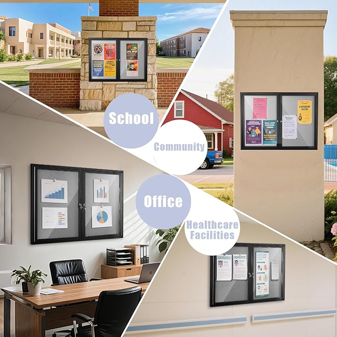 Enclosed Bulletin Board 48"x36" Outdoor Weatherproof Cork Noticeboard with Locking Door Wall-Mounted Gray Fabric Black Aluminium Frame for Home, School, Office, Community, Hospital