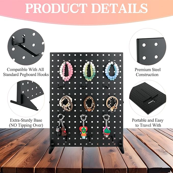 2 Pcs Metal Pegboard Display Stand with 30 Peg board Hooks, Desk Pegboard Shelf for Craft Shows & Fairs, Retail Stores, Vendors Arts and Crafts Finishing - 17x13Inch & Black