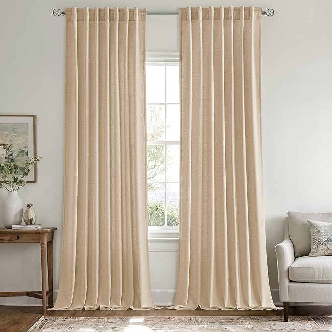 MIULEE Non-See-Through Privacy Linen Curtains 2 Panels, Light Filtering Window Curtains Farnhouse Textured Back Tab Semi Sheer Drapes for Bedroom Living Room, 52 x 96 Inches Long, Light Brown