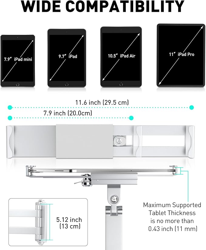 AboveTEK Tablet Wall Mount - 360° Rotation Tablet Holder Stand with Extension Arm, Anti-Theft Kitchen Mount Fits 7"-11" Tablets Including iPad Pro/Air/Mini, Galaxy Tab - Security Lock & Key - (Silver)