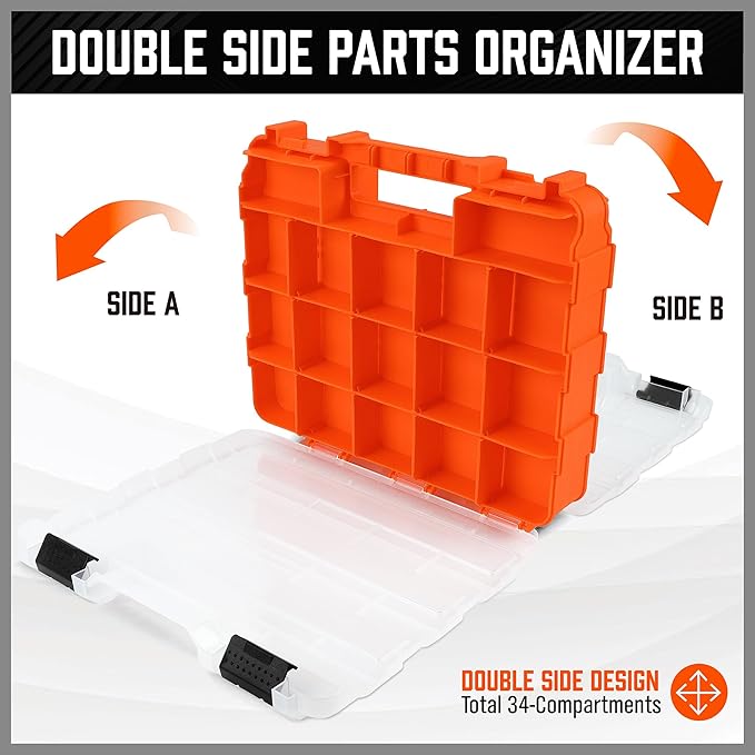HORUSDY Small Parts Organizer, 34-Compartments Double Side parts organizer with Removable Dividers, Double Side Tools Box Screw Organizer For Nuts, Bolts, Screws, Nails, Small Hardware