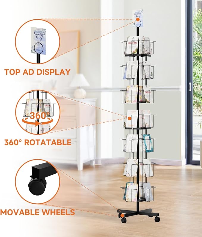 TONGMO 7-Tier Greeting Card Display Rack: 28-Pocket Rotating Countertop Stand for Postcards, Brochures, and Greeting Cards (White, 68.9”H)