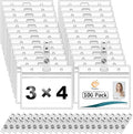 Clear Plastic Horizontal Name Tag Holder and Metal Badge Clip with Vinyl Straps Waterproof PVC ID Card Holders (100 Pack, Horizontal Large 3x4)