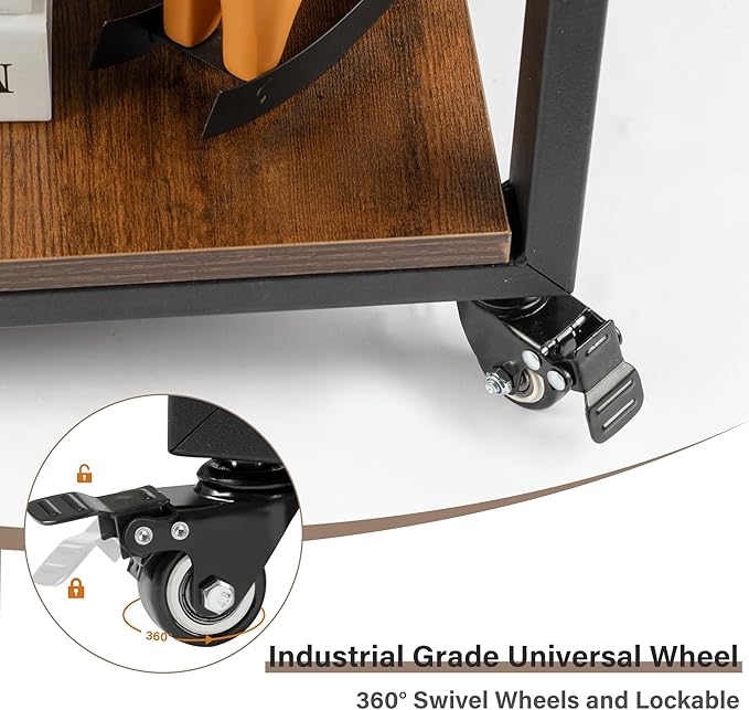 Under Desk Printer Stand - 2-Tier Industrial Mobile Printer Table with Storage Shelf, 19.7''x19.7''x12.6'' Heavy Duty Wood Rolling Printer Cart with Wheels for Home and Office,Rustic Brown