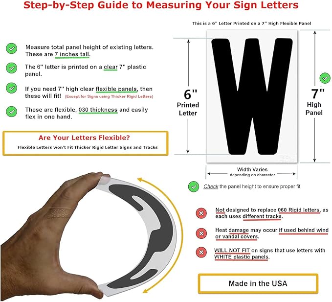 Changeable Sign Letters 6” on 7-inch Flexible Panel - Condensed Font, Made in USA, Compatible with Flexible Letter Track or Texas Track