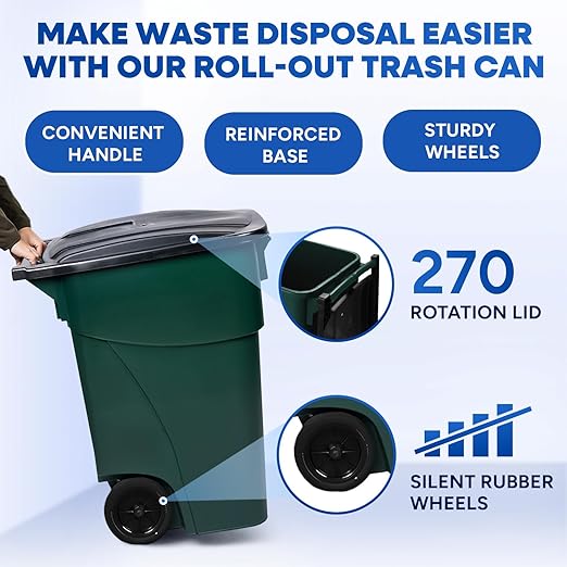50-Gallon Rollout Trash Can with Lid, Commercial Heavy-Duty Container with Wheels, Green