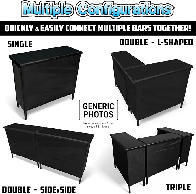 PartyLife Glowing LED Surface Portable Bar Table w/Mobile App, Wireless Remote, Folding Legs, 2 Bar Skirts, Heavy-Duty Storage Shelf & Carrying Case - Black Skirt