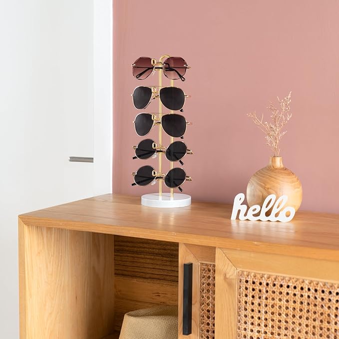 Mkono Sunglasses Organizer Glasses Holder Stand Sunglass Storage Eyeglasses Rack Metal Frame with Wood Base for 5 Pairs of Eyewear Display for Table Desk Countertop Dresser Bedroom, Set of 2, Gold