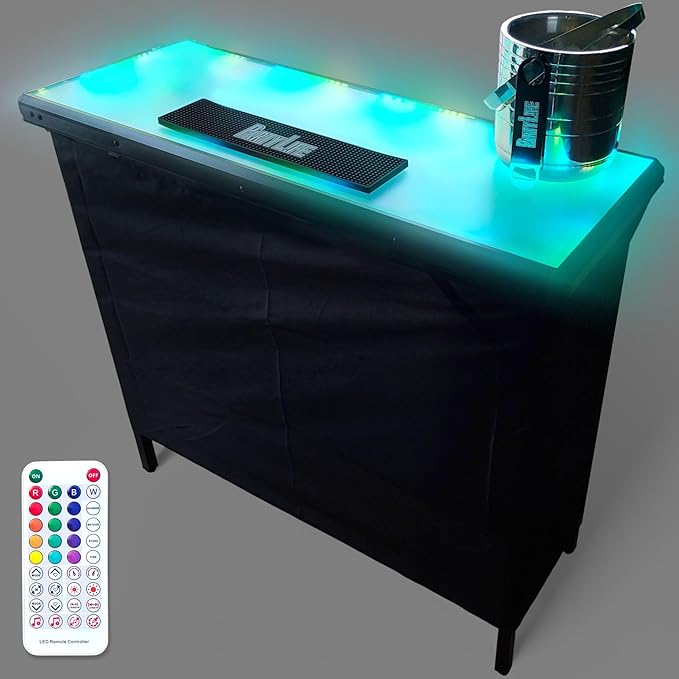 PartyLife Glowing LED Surface Portable Bar Table w/Mobile App, Wireless Remote, Folding Legs, 2 Bar Skirts, Heavy-Duty Storage Shelf & Carrying Case - Black Skirt