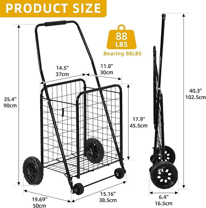 DWVO Folding Shopping Cart with Wheels, Rolling Foldable Grocery Cart for Seniors, Portable Collapsible Utility Cart for Shopping Groceries Laundry Stair Climbing Storage