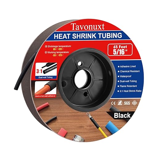 5/16" 65ft 3:1 Heat Shrink Tubing with Adhesive Lining - Marine Grade, Ideal for Home, Automotive, and Industrial Use - Black