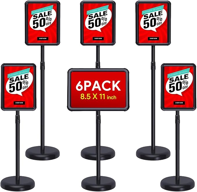 6 Pack Standing Sign Holder, 8.5 x 11 inch Adjustable Floor Sign Holder, Snap Open Aluminum Frame with Rounded Corners, Ideal for Business, Mall, Restaurant