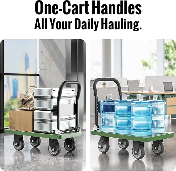 Upgraded Foldable Push Cart Dolly | 560 lbs. Capacity Moving Platform Hand Truck | Heavy Duty Space Saving Collapsible | Swivel Push Handle Flat Bed Wagon - Green