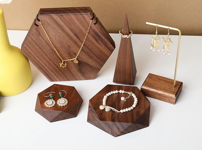 GemeShou 2pcs Wooden Jewelry display tray, Hexagon jewelry display riser, Jewelry retail shop photography props【Walnut Hexagon tray-2pcs】