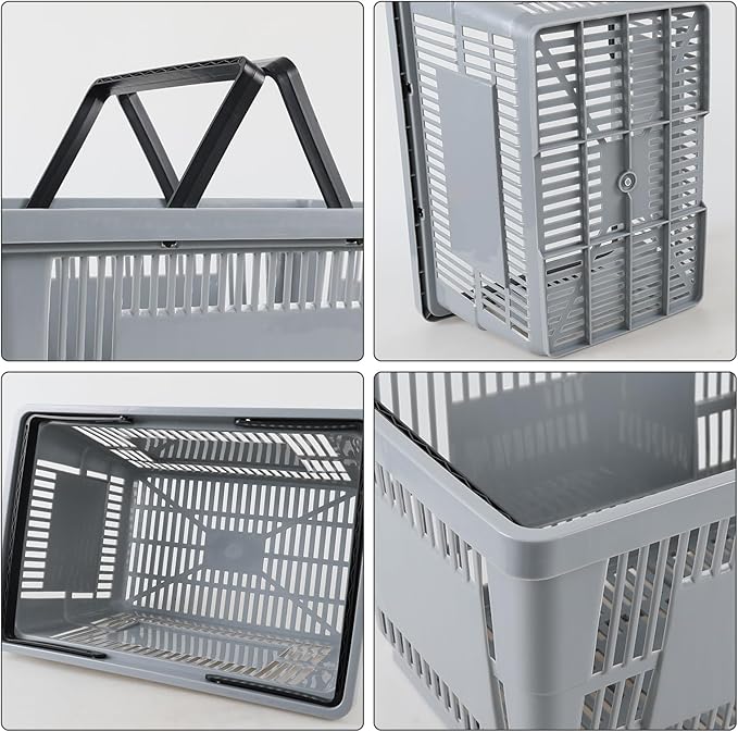 4 Pcs 28 L Durable Plastic Shopping Basket with Handle, Portable Shopping Basket for Supermarket Retail Store, 18.70" x 12.60" x 10.24", Gray