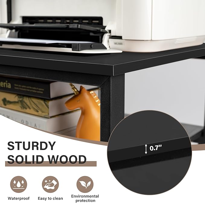 Under Desk Printer Stand - 2-Tier Industrial Mobile Printer Table with Storage Shelf, 19.7''x19.7''x12.6'' Heavy Duty Wood Rolling Printer Cart with Wheels for Home and Office,Classic Black