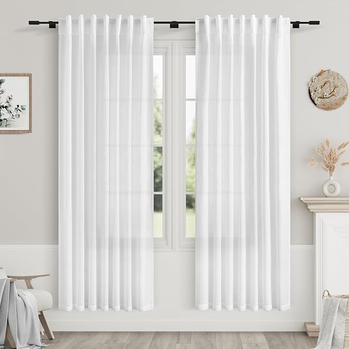 Nanspring White Semi Sheer Linen Curtains for Living Room 2 Panels Set Back Tab Rod Pocket Drapes Modern Farmhouse Coastal Decor Linen Textured Gauze Curtains for Dining Room Office Kitchen 52x76