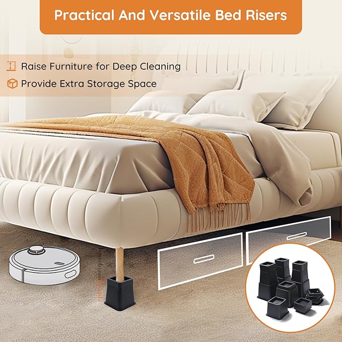 Bed Risers, Oversized Furniture Risers, 1/2/3/4/5/6/7/8/9/10 inches Adjustable Raise Blocks for Bed Couch Desk Sofa Table Lifts, Furniture Legs Lifters Support up to 6000 Lbs (Black, 4 Pack Set)