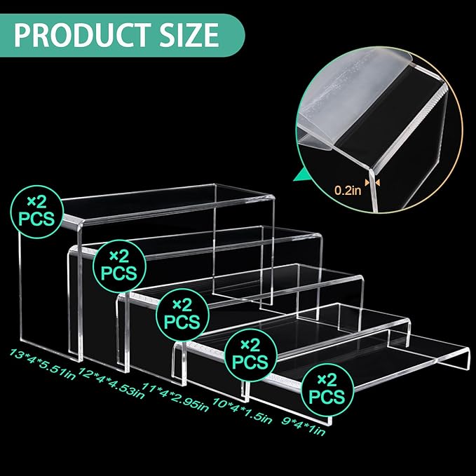 10 Pcs Acrylic Display Stands, 12" Clear Rectangular Display Shelf for Showcase, Collectibles, Cupcake, Dessert