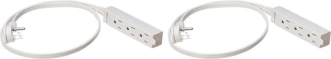Amazon Basics 3-Prong Indoor Rectangle Extension Cord Power Strip, Flat Plug, Grounded 13 Amps, 1625 Watts, 125 VAC, 2-Pack, 3 ft, White