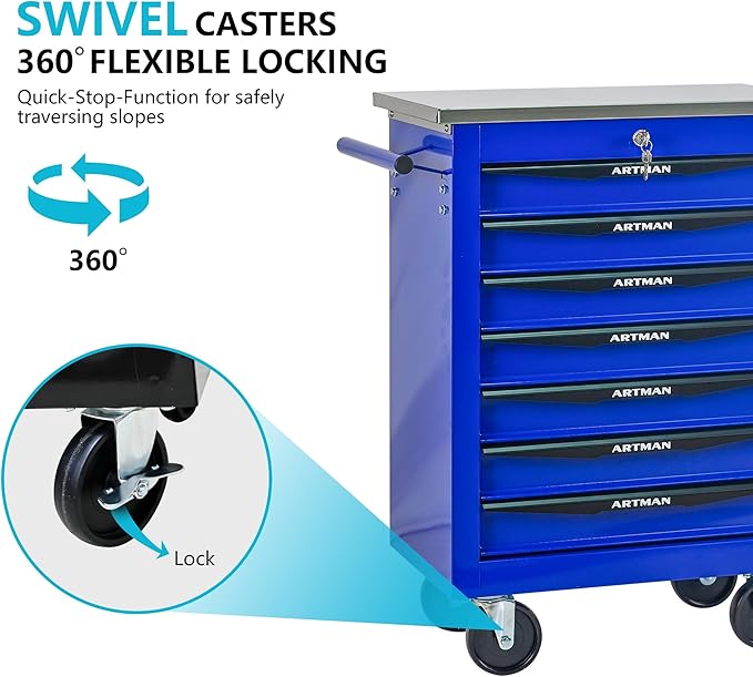 7 Drawers Tool Cart on Wheels with Stainless Steel Worktop, Heavy Duty Mobile Rolling Drawer Tool Chest with Locking Wheels & Lockable Drawers, Garage Tool Storage Cabinet (Blue, 7 Drawers)