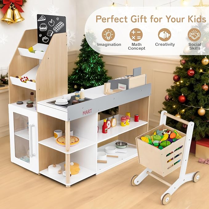 HONEY JOY Kids Grocery Store Playset, Wooden Grocery Store Pretend Play w/Cart, Cash Register Stand w/Coins, Chalkboard, Toddler Supermarket Play Toy for Boys Girls(Play Food Not Included)