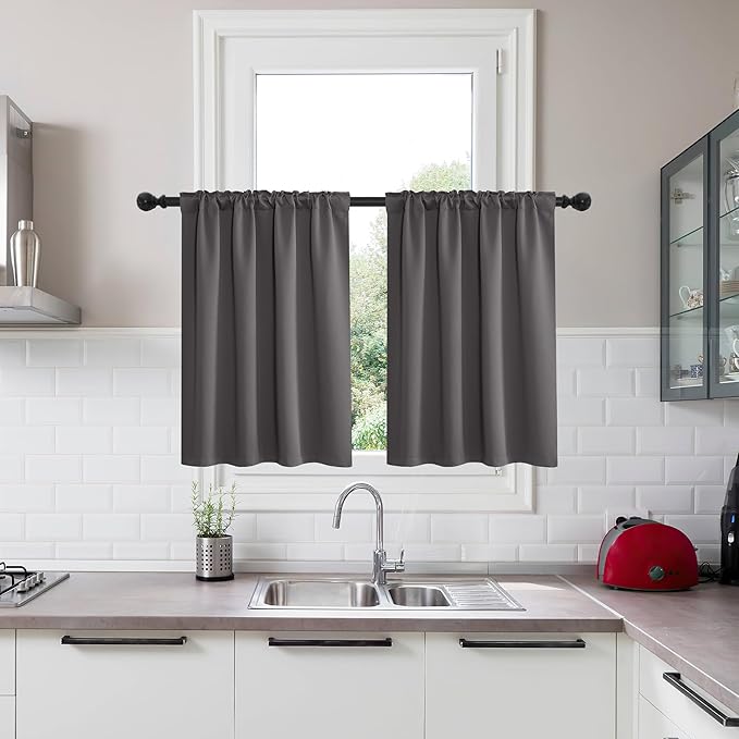 KGORGE Bathroom Curtains 36 inches Long, Back Tab Rod Pocket Privacy Thermal Insulation Gray Short Blackout Half Window Tiers for Basement Cafe Kitchen, W34 x L36 inches, Grey, 2 Panels