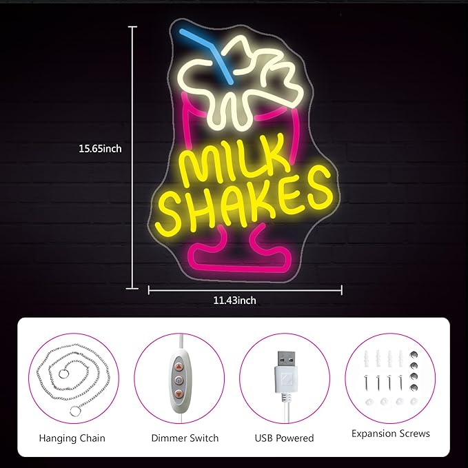 Milk Shakes Neon Sign Ice Cream Neon Signs for Wall Decor, Colorful LED Neon Lights for Dessert Shops Restaurants Bars with USB Power & Light-Up Signs