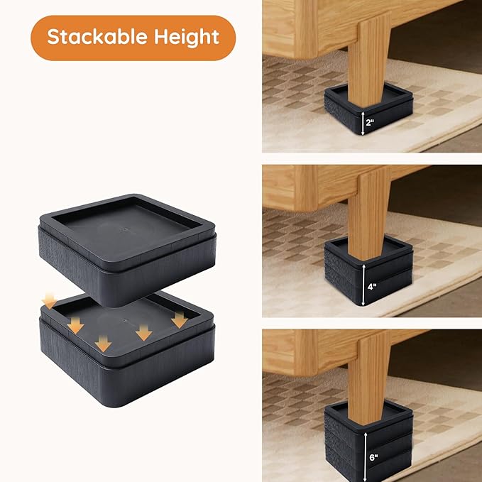Bed Risers, Oversized Furniture Risers Fit Up to 5.5" Legs, 2 inch Raise Blocks for Bed Couch Desk Sofa Table Lifts, Furniture Legs Lifters Support up to 6000 Lbs (Black, 4 Pack Set)
